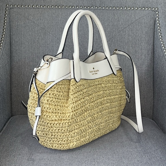 ♠️kate spade Dumpling Straw Large Satchel Bag, Parchment NWT - Picture 8 of 14